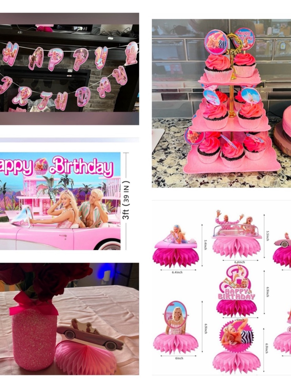 Barbie Birthday Party Decor Bundle –Backdrop, Banner, Cupcake Stand Centerpieces